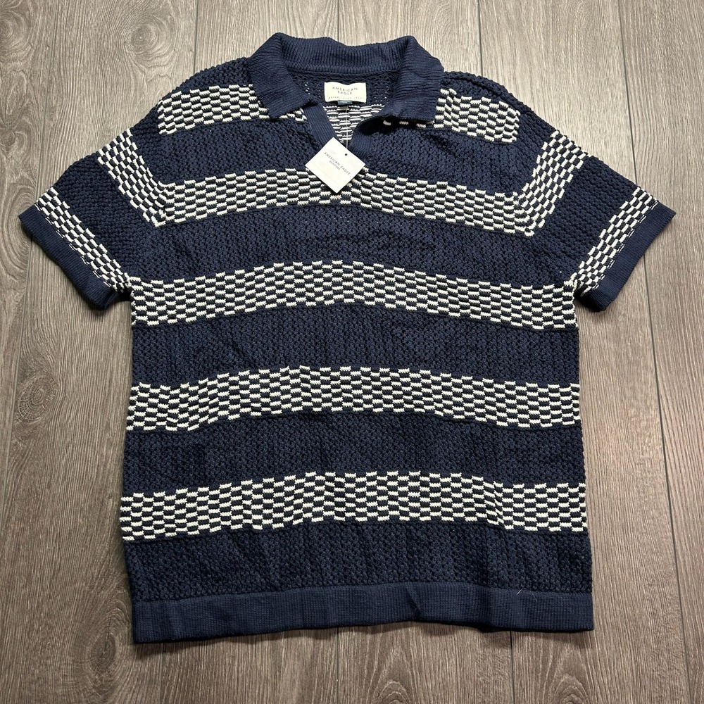 American Eagle Mens Navy White Striped Knit Crochet Polo Shirt Medium New